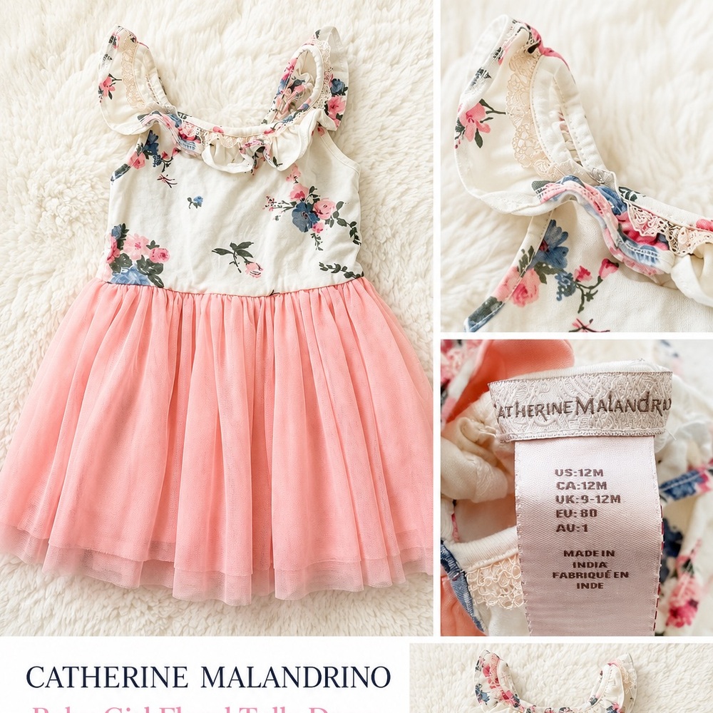 Catherine Malandrino Baby Girl Floral Tulle Dress Size 12M Pink
